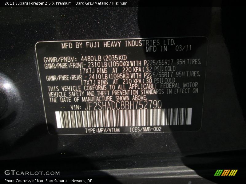 Dark Gray Metallic / Platinum 2011 Subaru Forester 2.5 X Premium
