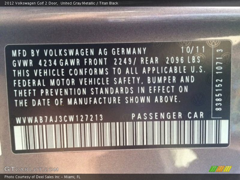 United Gray Metallic / Titan Black 2012 Volkswagen Golf 2 Door