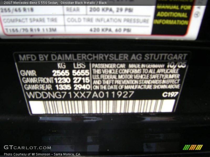 Obsidian Black Metallic / Black 2007 Mercedes-Benz S 550 Sedan