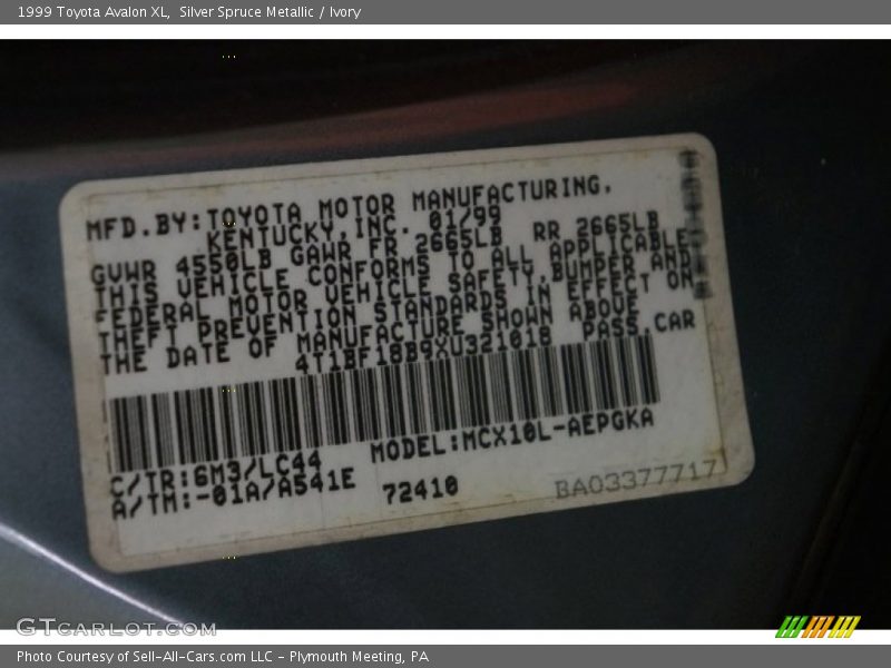 1999 Avalon XL Silver Spruce Metallic Color Code 6M3