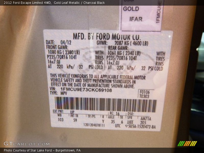 Gold Leaf Metallic / Charcoal Black 2012 Ford Escape Limited 4WD