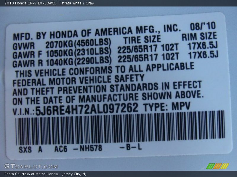 Taffeta White / Gray 2010 Honda CR-V EX-L AWD