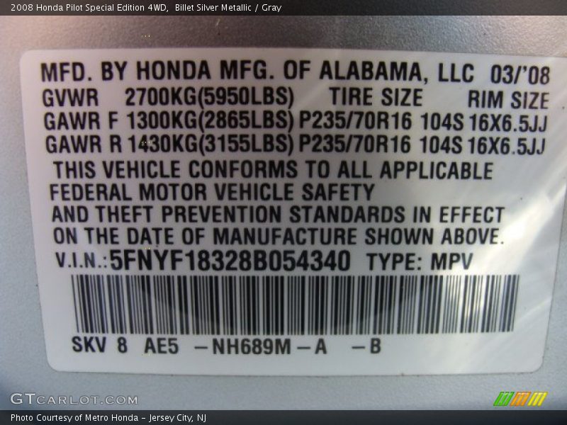 Billet Silver Metallic / Gray 2008 Honda Pilot Special Edition 4WD