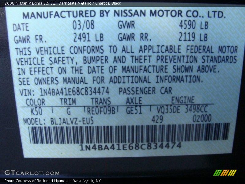 Dark Slate Metallic / Charcoal Black 2008 Nissan Maxima 3.5 SE