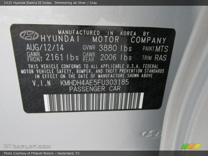 Shimmering Air Silver / Gray 2015 Hyundai Elantra SE Sedan