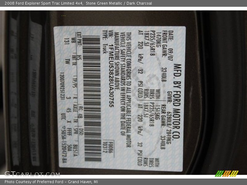 Stone Green Metallic / Dark Charcoal 2008 Ford Explorer Sport Trac Limited 4x4