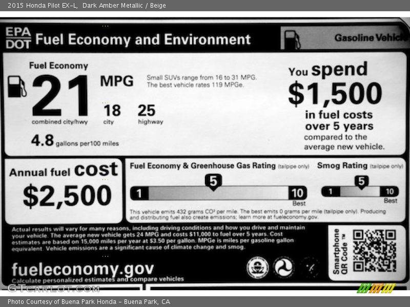 Dark Amber Metallic / Beige 2015 Honda Pilot EX-L