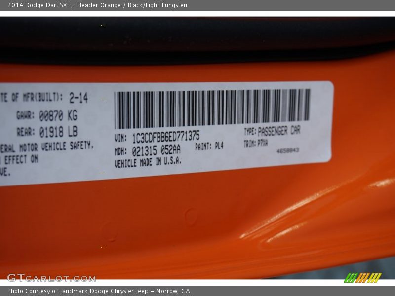 Header Orange / Black/Light Tungsten 2014 Dodge Dart SXT