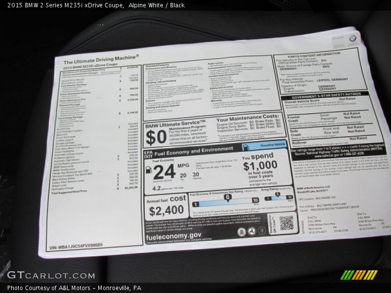  2015 2 Series M235i xDrive Coupe Window Sticker