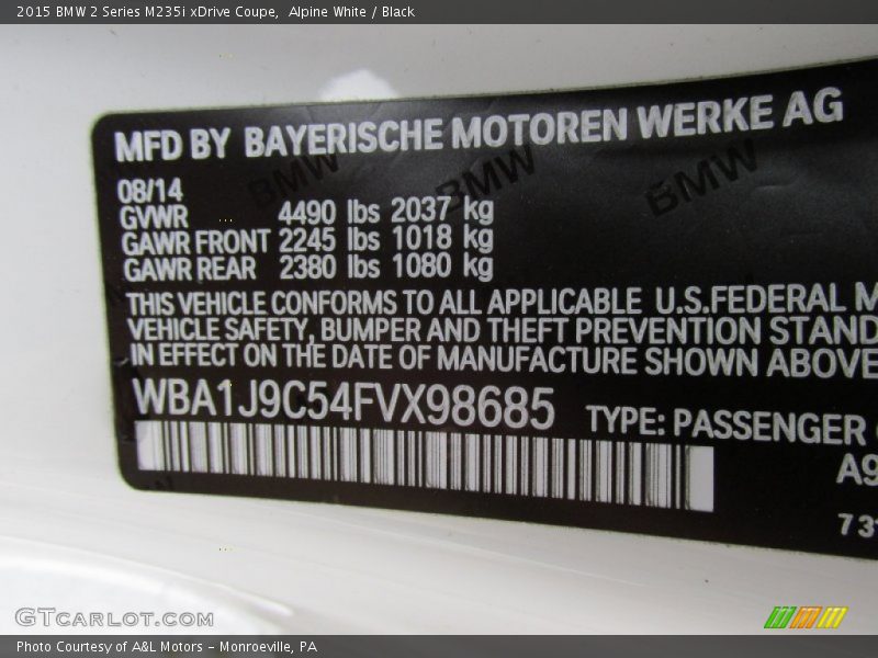 Alpine White / Black 2015 BMW 2 Series M235i xDrive Coupe