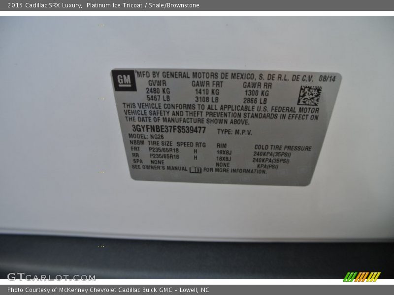 Platinum Ice Tricoat / Shale/Brownstone 2015 Cadillac SRX Luxury