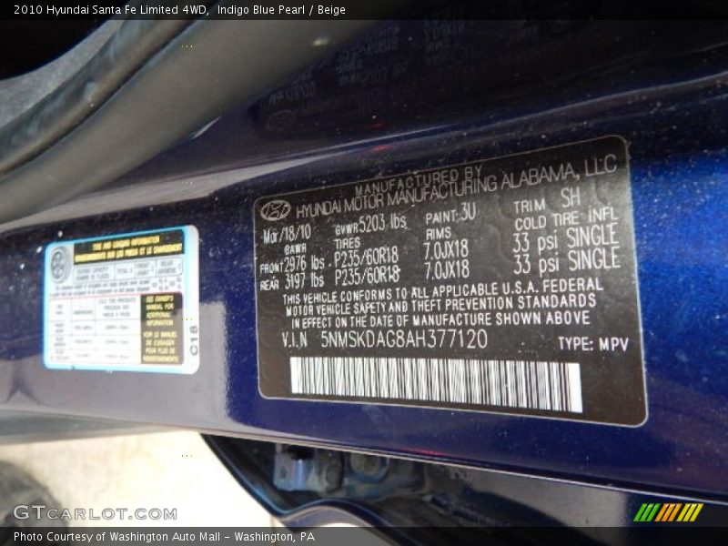 Indigo Blue Pearl / Beige 2010 Hyundai Santa Fe Limited 4WD