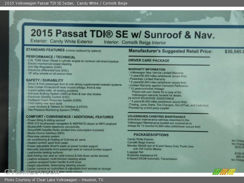  2015 Passat TDI SE Sedan Window Sticker