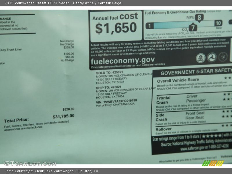 Candy White / Cornsilk Beige 2015 Volkswagen Passat TDI SE Sedan