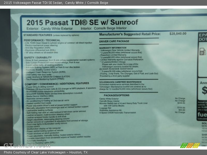 Candy White / Cornsilk Beige 2015 Volkswagen Passat TDI SE Sedan