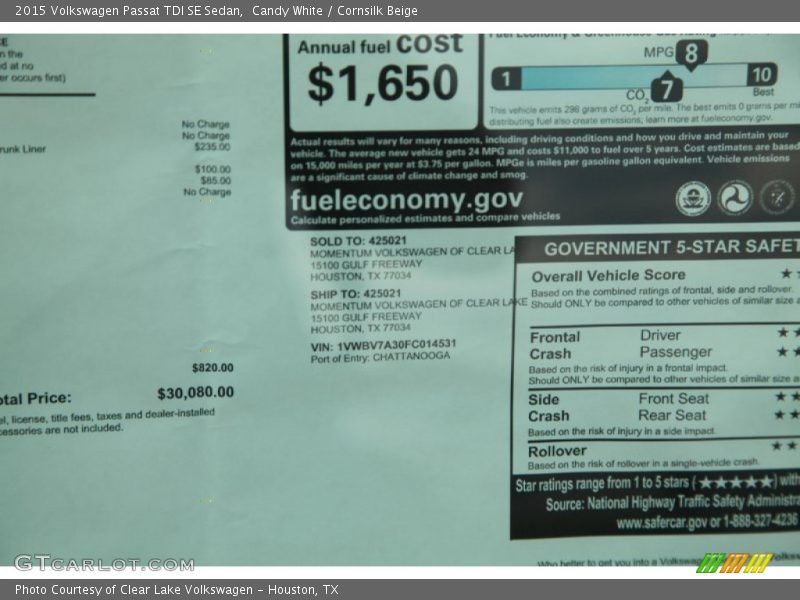Candy White / Cornsilk Beige 2015 Volkswagen Passat TDI SE Sedan