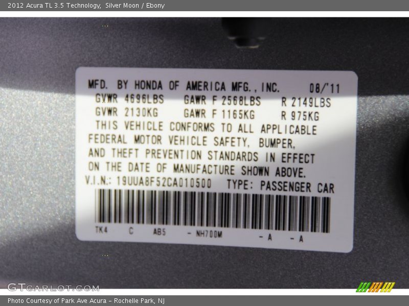 Silver Moon / Ebony 2012 Acura TL 3.5 Technology