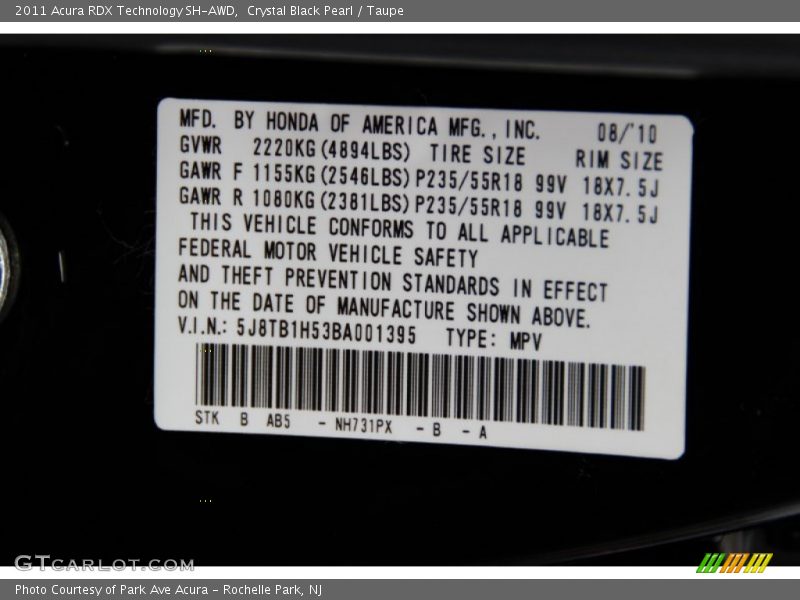 Crystal Black Pearl / Taupe 2011 Acura RDX Technology SH-AWD