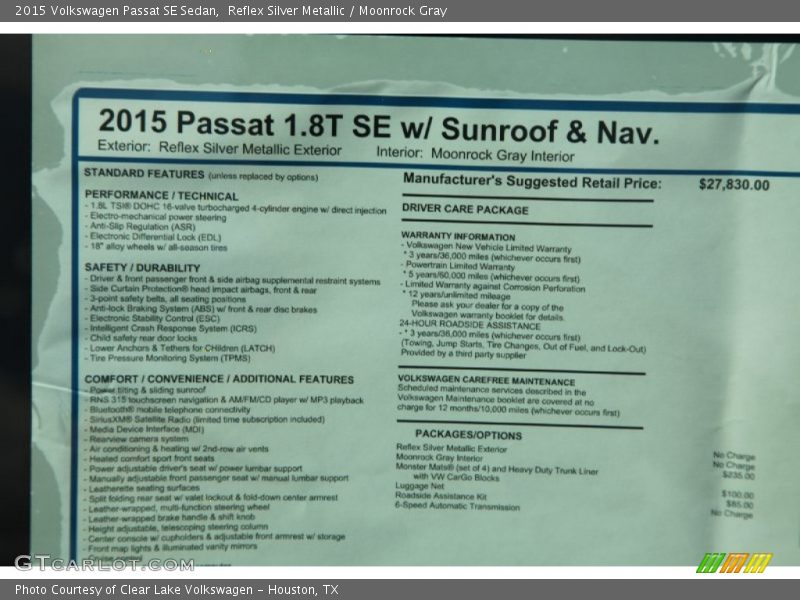  2015 Passat SE Sedan Window Sticker