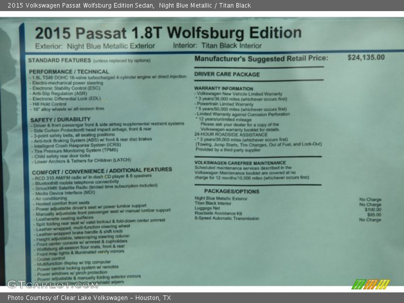  2015 Passat Wolfsburg Edition Sedan Window Sticker