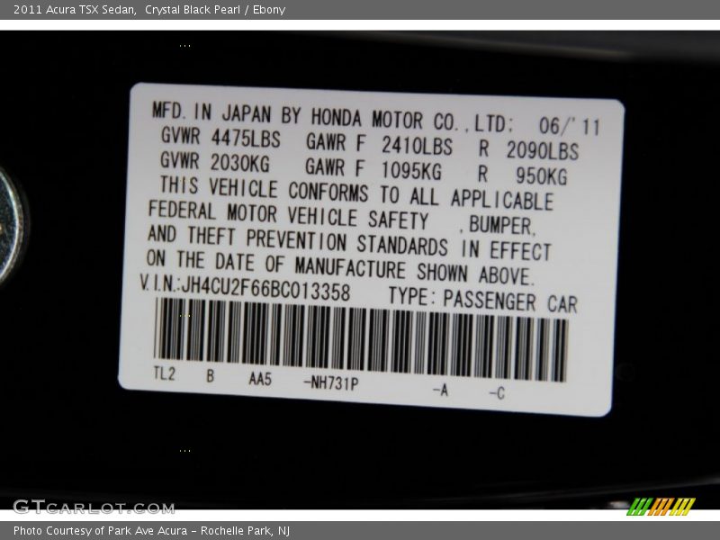 Crystal Black Pearl / Ebony 2011 Acura TSX Sedan