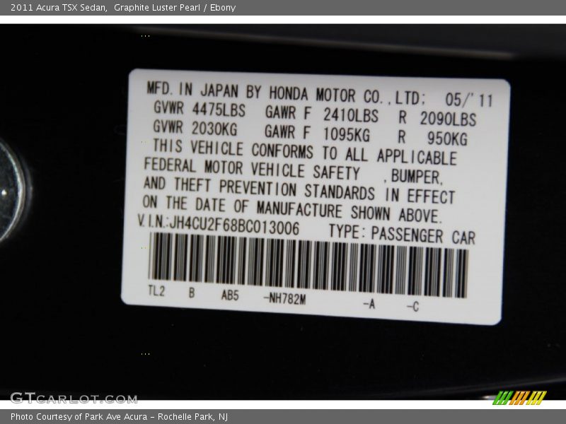 Graphite Luster Pearl / Ebony 2011 Acura TSX Sedan