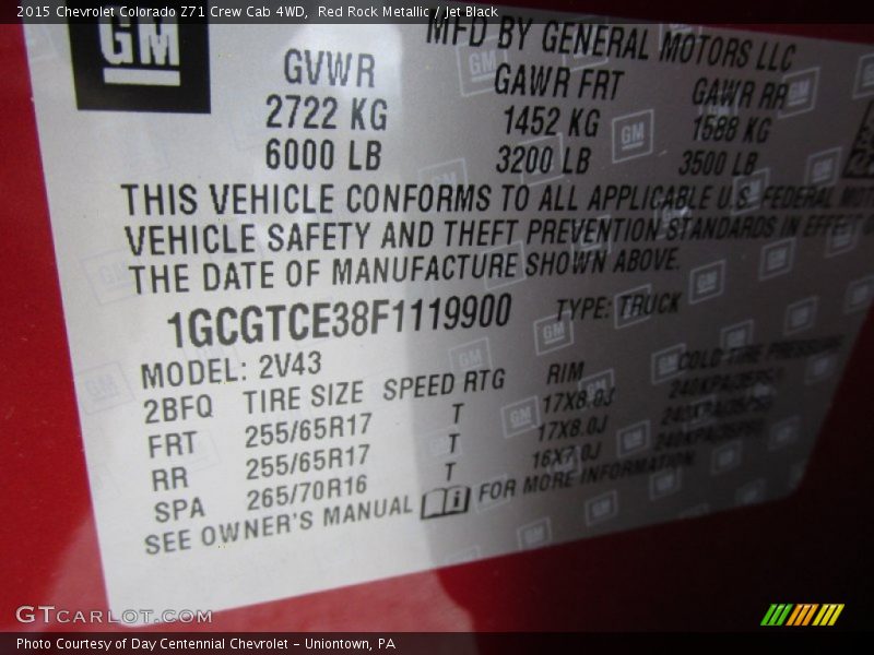 Info Tag of 2015 Colorado Z71 Crew Cab 4WD