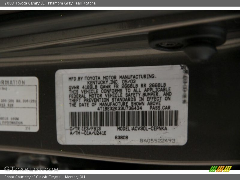 Phantom Gray Pearl / Stone 2003 Toyota Camry LE