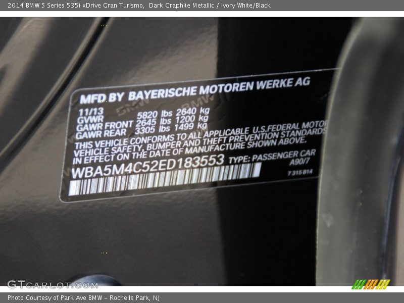 2014 5 Series 535i xDrive Gran Turismo Dark Graphite Metallic Color Code A90