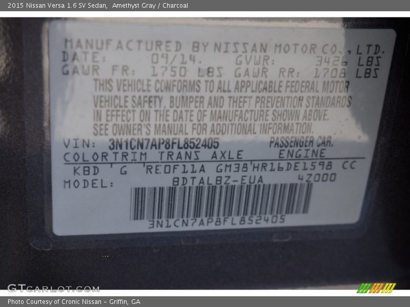 Amethyst Gray / Charcoal 2015 Nissan Versa 1.6 SV Sedan