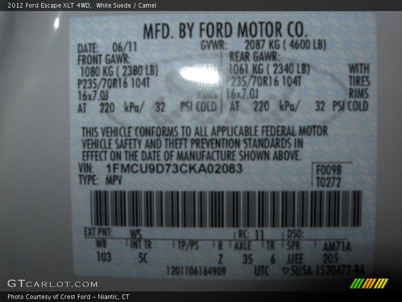 White Suede / Camel 2012 Ford Escape XLT 4WD