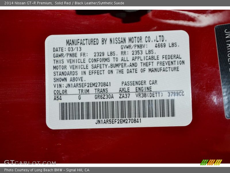 2014 GT-R Premium Solid Red Color Code A54