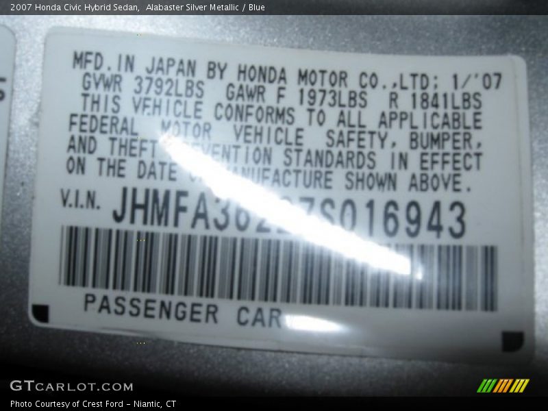 Alabaster Silver Metallic / Blue 2007 Honda Civic Hybrid Sedan