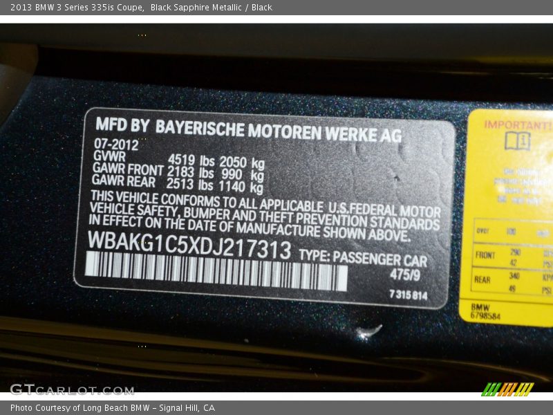 2013 3 Series 335is Coupe Black Sapphire Metallic Color Code 475