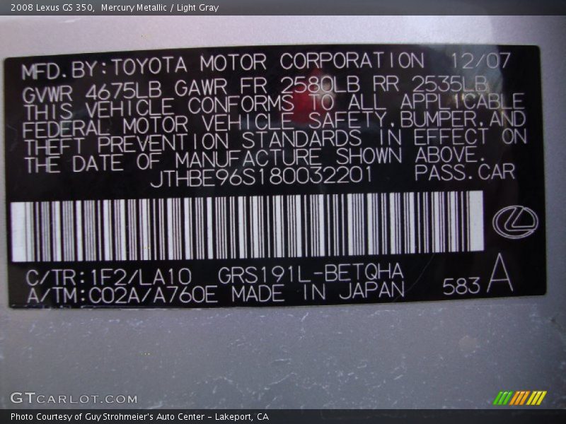 Mercury Metallic / Light Gray 2008 Lexus GS 350