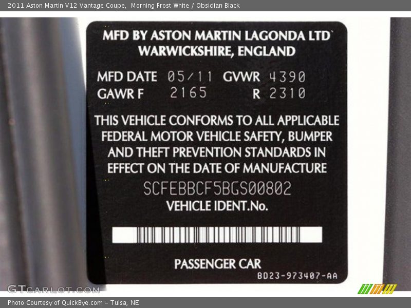 Info Tag of 2011 V12 Vantage Coupe