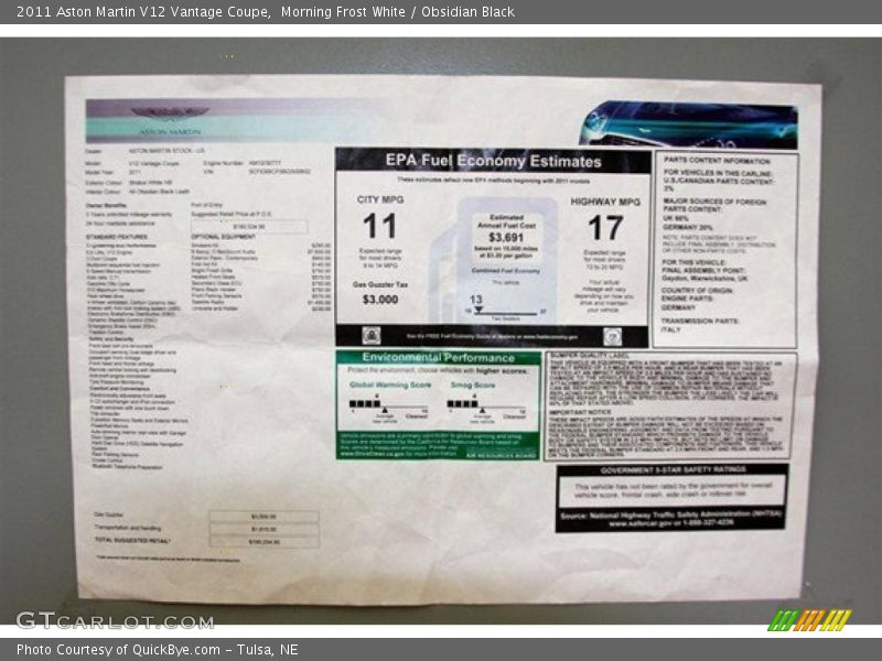  2011 V12 Vantage Coupe Window Sticker
