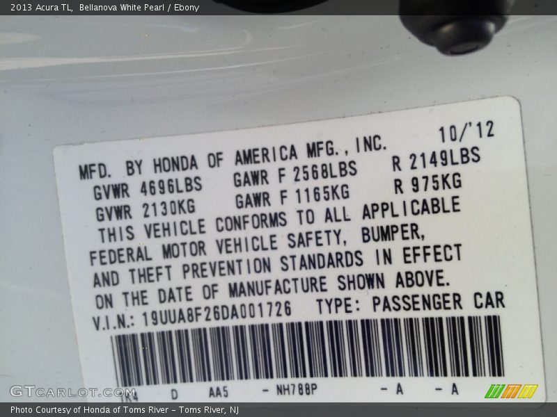 Bellanova White Pearl / Ebony 2013 Acura TL