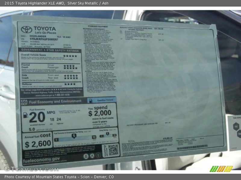 Silver Sky Metallic / Ash 2015 Toyota Highlander XLE AWD
