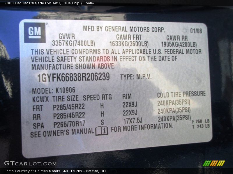 Blue Chip / Ebony 2008 Cadillac Escalade ESV AWD