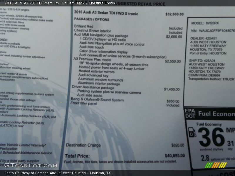 Brilliant Black / Chestnut Brown 2015 Audi A3 2.0 TDI Premium