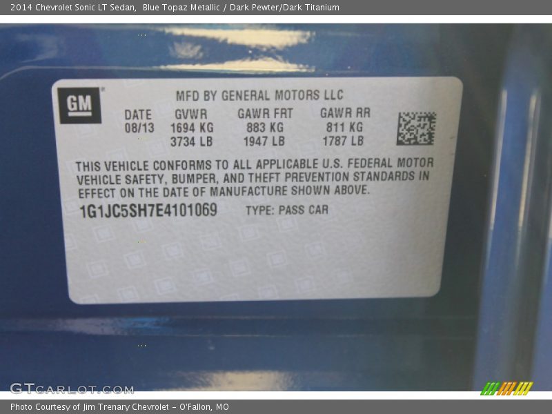 Blue Topaz Metallic / Dark Pewter/Dark Titanium 2014 Chevrolet Sonic LT Sedan