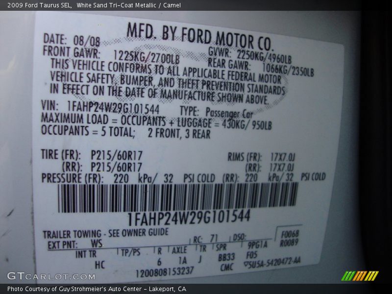 White Sand Tri-Coat Metallic / Camel 2009 Ford Taurus SEL