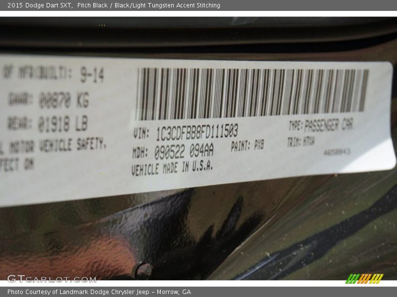 Pitch Black / Black/Light Tungsten Accent Stitching 2015 Dodge Dart SXT