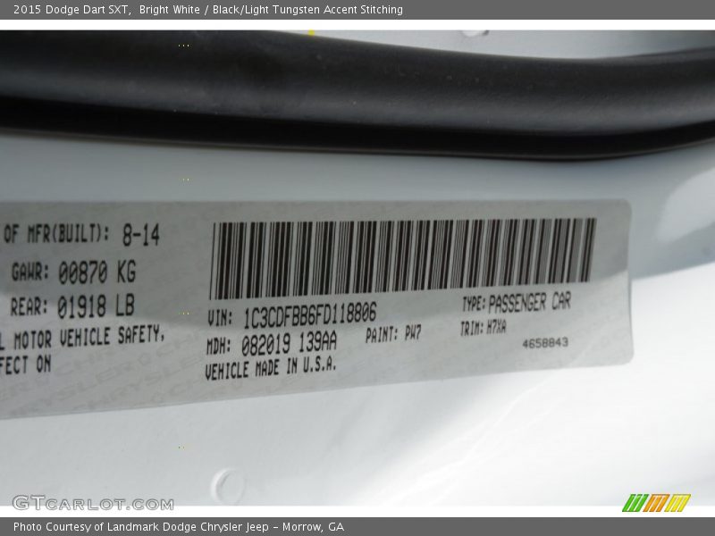 Bright White / Black/Light Tungsten Accent Stitching 2015 Dodge Dart SXT