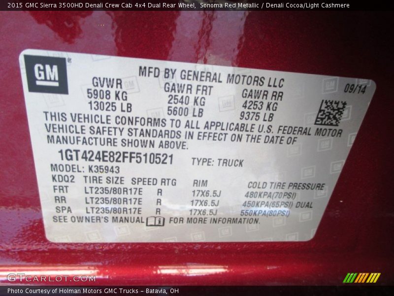 Sonoma Red Metallic / Denali Cocoa/Light Cashmere 2015 GMC Sierra 3500HD Denali Crew Cab 4x4 Dual Rear Wheel