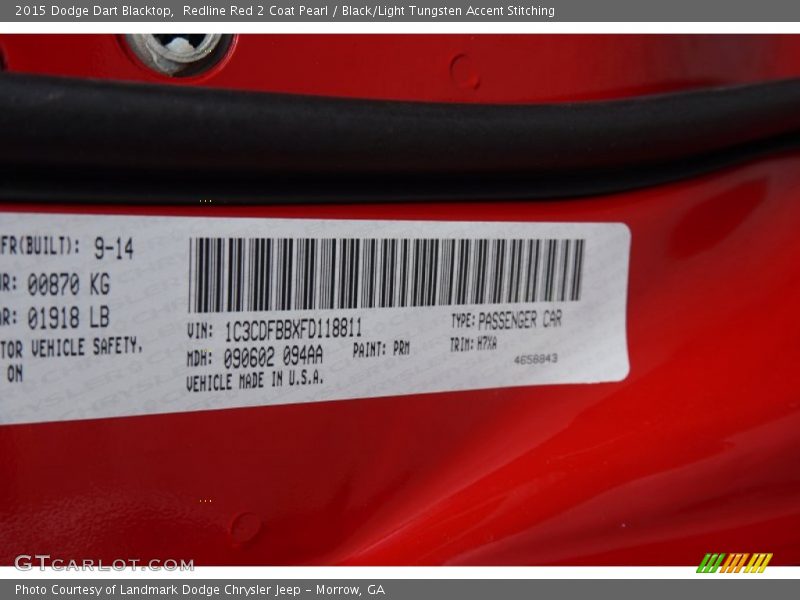 Redline Red 2 Coat Pearl / Black/Light Tungsten Accent Stitching 2015 Dodge Dart Blacktop