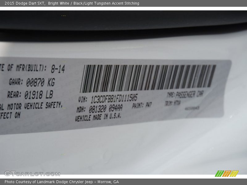 Bright White / Black/Light Tungsten Accent Stitching 2015 Dodge Dart SXT