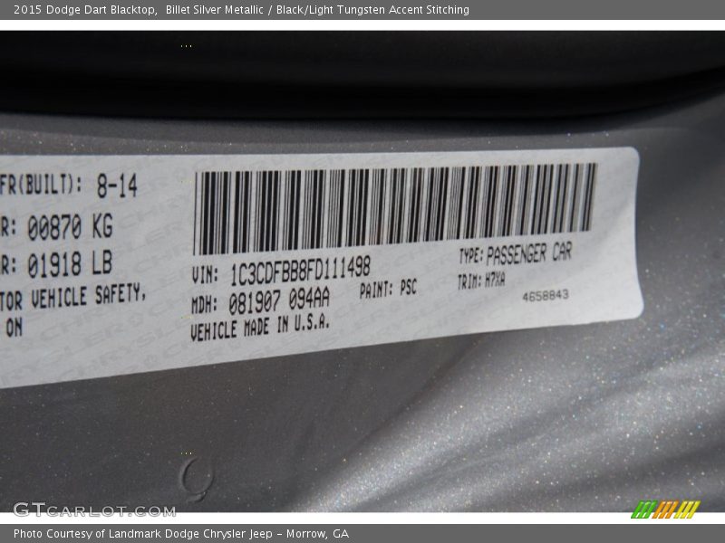Billet Silver Metallic / Black/Light Tungsten Accent Stitching 2015 Dodge Dart Blacktop