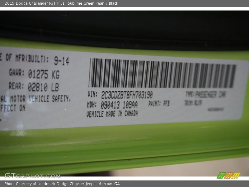 2015 Challenger R/T Plus Sublime Green Pearl Color Code PFB